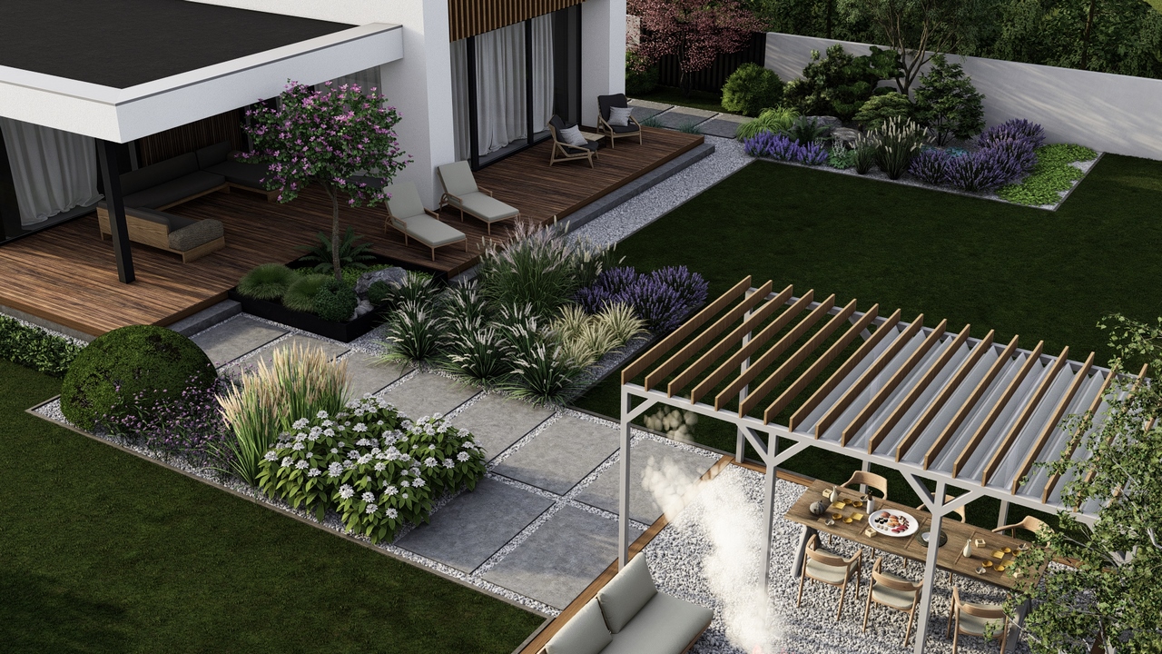 projekt ogrodu przydomowego z altaną i paleniskiem